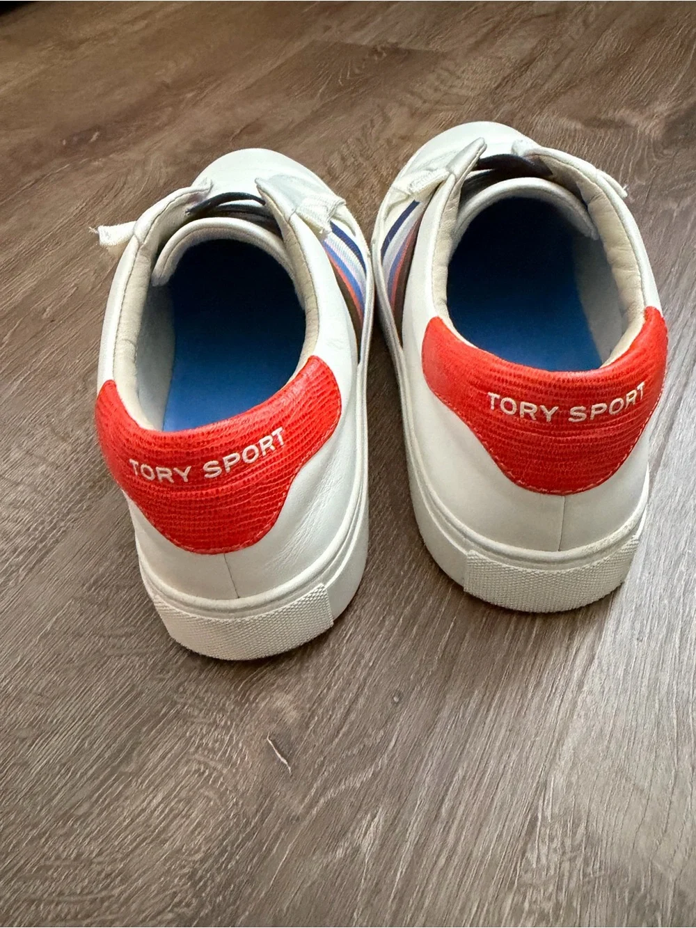 Tory Burch White Leather Slip-On Sneakers with Multicolor Stripe Detail